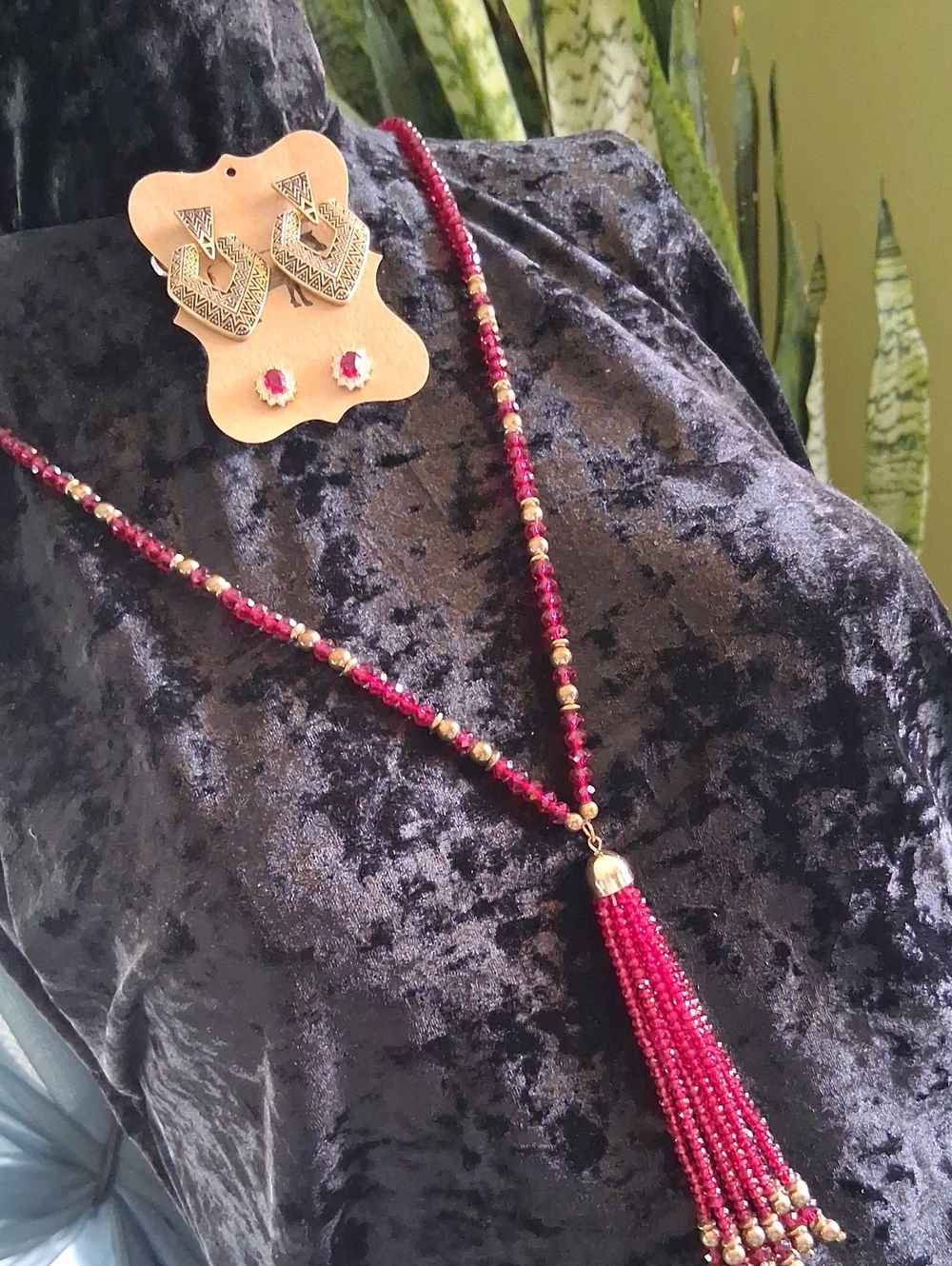 Gold & Ruby Glass Crystal Cut Beaded Tassel Necklace w Matching Earrings 32+2 In - Picture 1 of 9